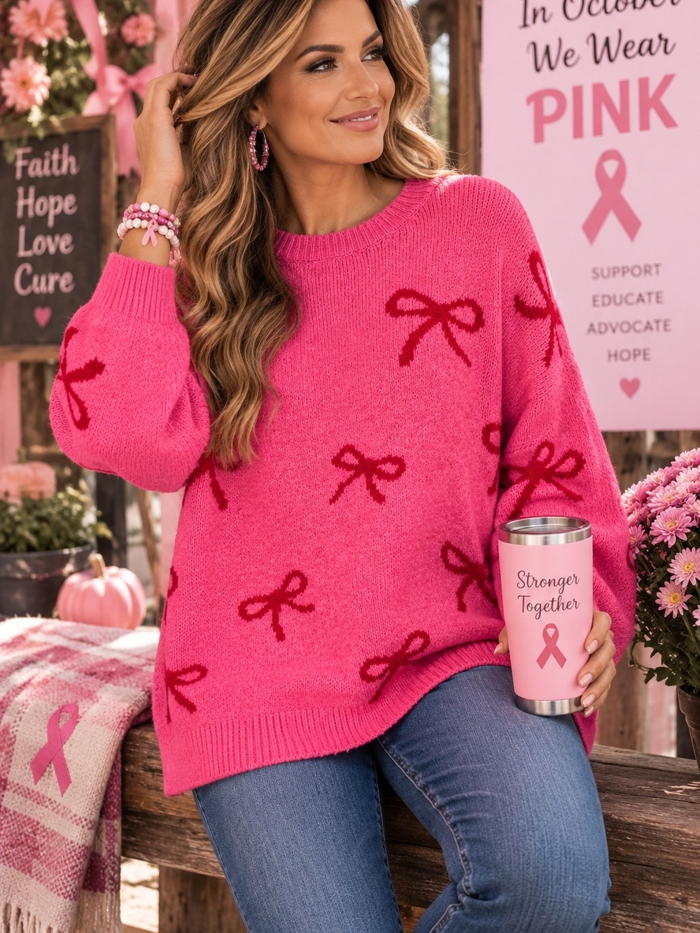 CeCe Women’s PXL Pink Bow Print Oversized Sweater NWT